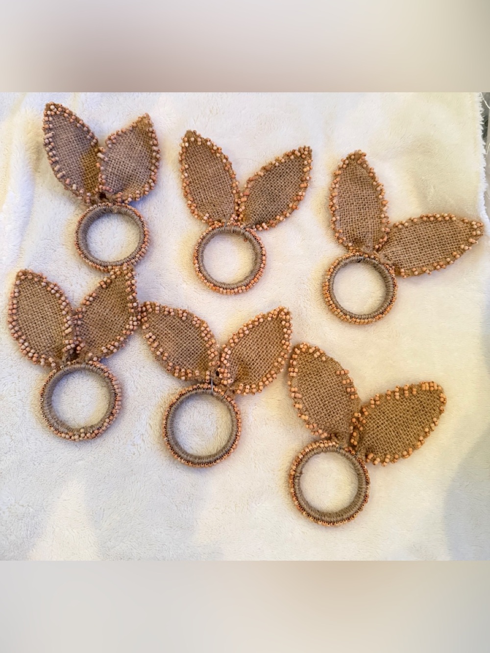 Burlap Bunny Ear Napkin Rings with Beaded Trim - Set of 6